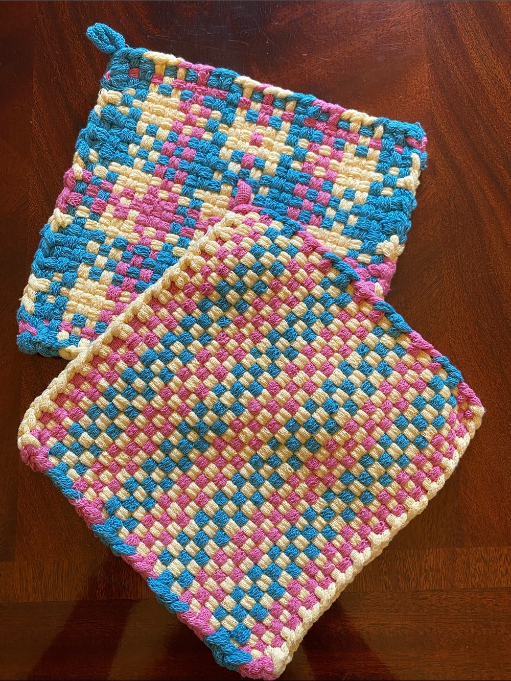 Handmade Woven 100% Cotton Pot Holders in Blue, Pink, Cream